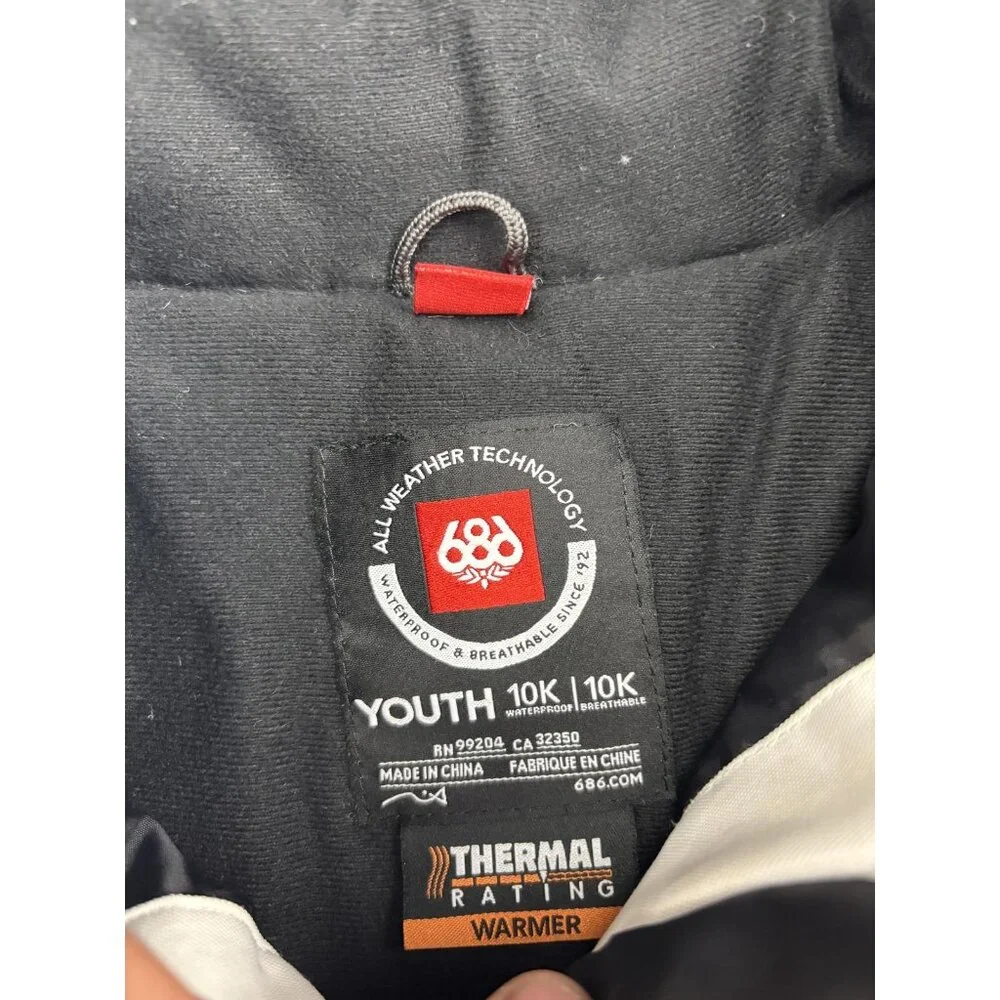 686 Jacket Youth‎ Large White Black Hooded Insulated Snowboard 10K Waterproof